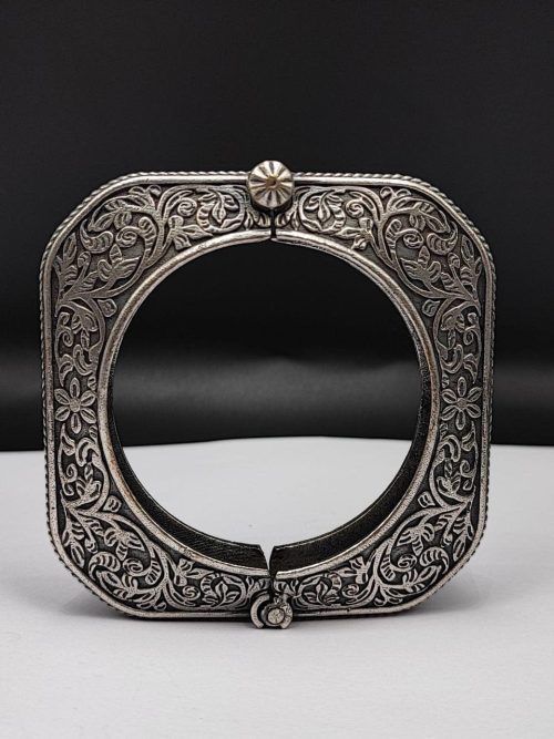 Antique Oxidised Indian Style Free Size Cuff Bracelet For Girls - Traditional Silver Replica Kada Bangle - Image 3