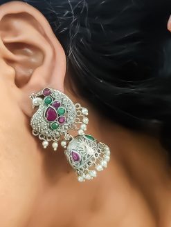 Intricate Oxidised Silver Replica Peacock Design Jhumka Earrings"