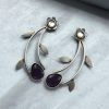 Hand Made Silver Replica Drop Shape Monalisa Stone Stud Leaf Style Earrings