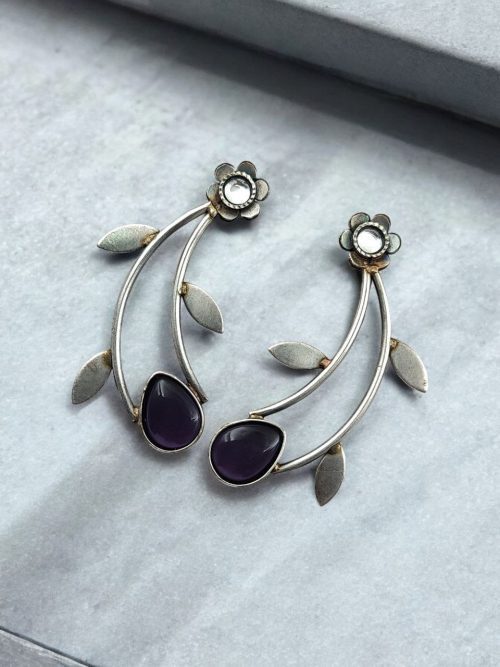 Hand Made Silver Replica Drop Shape Monalisa Stone Stud Leaf Style Earrings