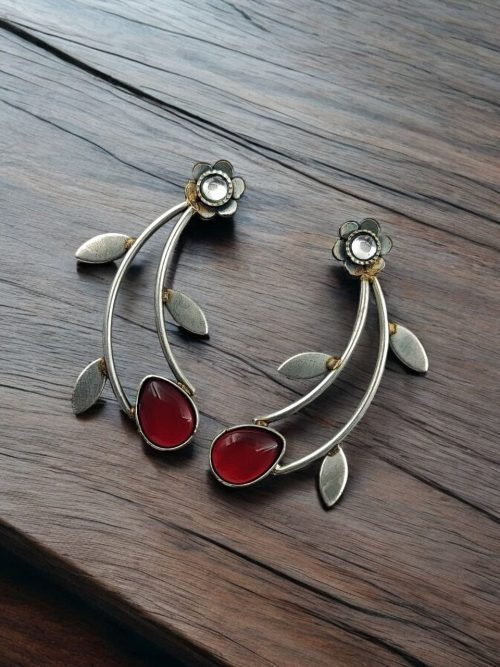Hand Made Silver Replica Drop Shape Monalisa Stone Stud Leaf Style Earrings