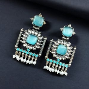 Silver Replica Square Monalisa Stone Stud Dangler Earrings - Color: "Aqua"