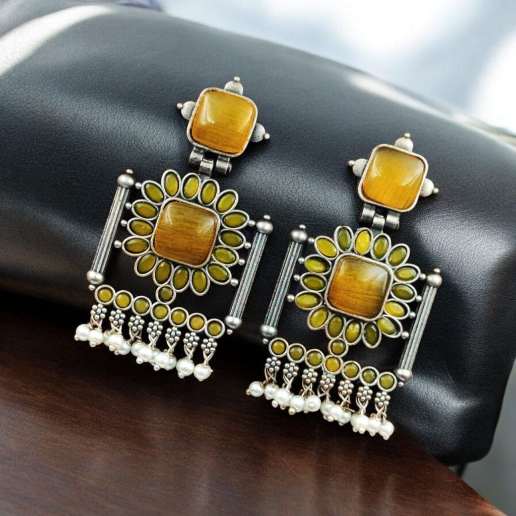 Bulk 70 Silver Replica Square Monalisa Stone Stud Dangler Earrings - "Yellow"
