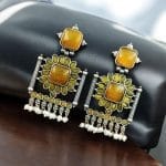 Silver Replica Square Monalisa Stone Stud Dangler Earrings - "Yellow"