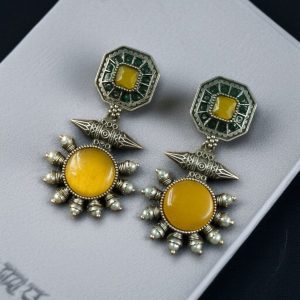 Silver Replica Earrings with Monalisa Stone & Adorable Pearl Work - color: "Yellow"