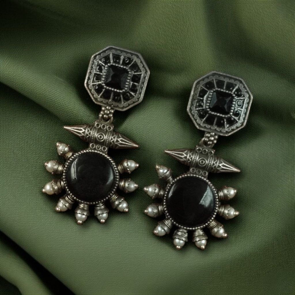 Bulk 364 Silver Replica Earrings with Monalisa Stone & Adorable Pearl Work - "Black"
