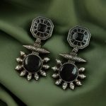 Silver Replica Earrings with Monalisa Stone & Adorable Pearl Work - "Black"