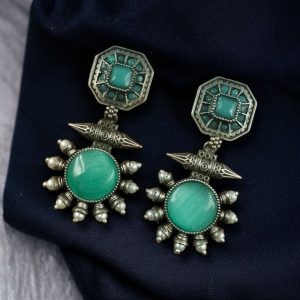 Silver Replica Earrings with Monalisa Stone & Adorable Pearl Work - color: "Mint"