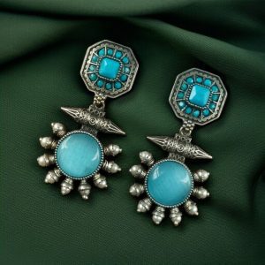 Silver Replica Earrings with Monalisa Stone & Adorable Pearl Work - color: "Aqua"