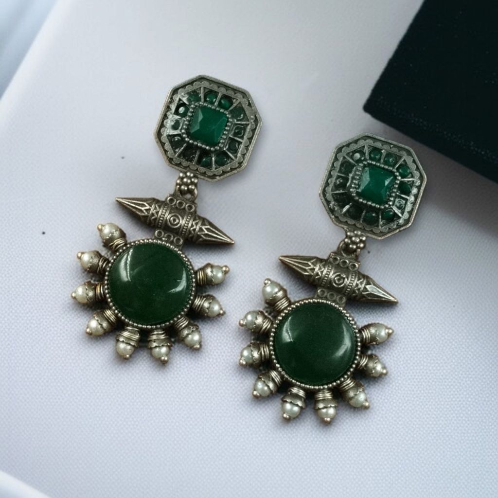 Bulk 366 Silver Replica Earrings with Monalisa Stone & Adorable Pearl Work - "Green"