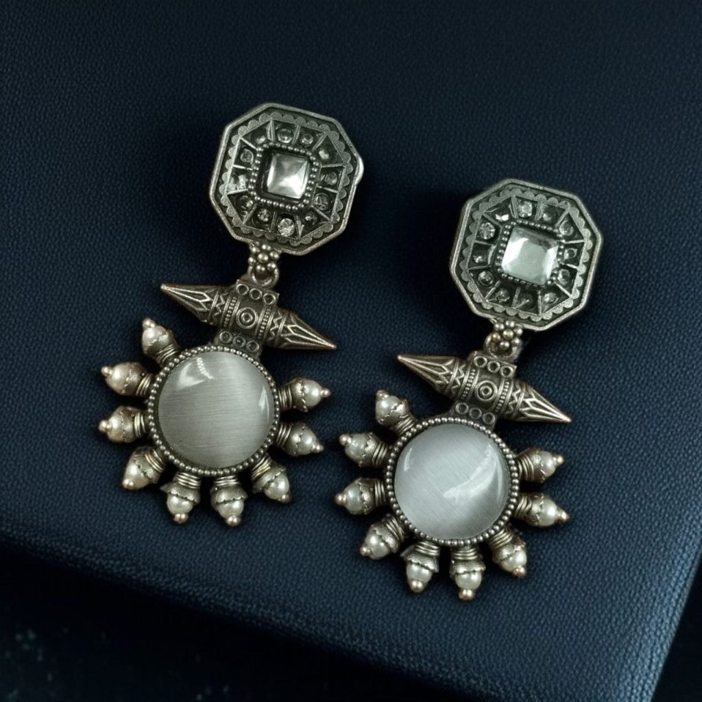 Bulk 372 Silver Replica Earrings with Monalisa Stone & Adorable Pearl Work - "Grey"