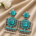 Silver Replica Square Monalisa Stone Stud Dangler Earrings - "Aqua"