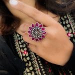 Silver Plated Flower Style Oxidised Stone Work Ring For Girls