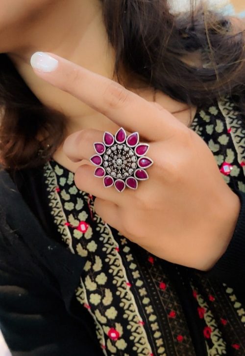 Silver Plated Flower Style Oxidised Stone Work Ring For Girls