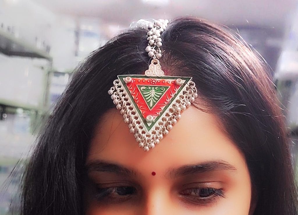 Designer Meenakari Silver Plated Oxidised Triangle Shape Maangtika