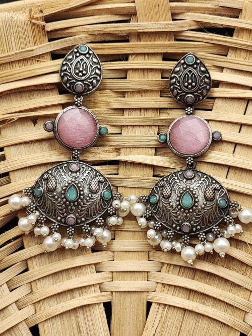 Premium Design Silver Look Like Replica Monalisa Stone Stud Earrings