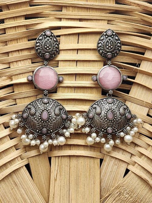 Premium Design Silver Look Like Replica Monalisa Stone Stud Earrings - Image 6