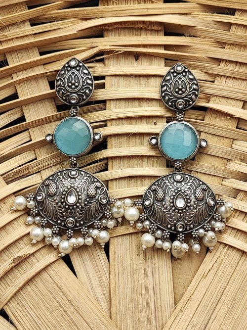 Premium Design Silver Look Like Replica Monalisa Stone Stud Earrings - Image 5