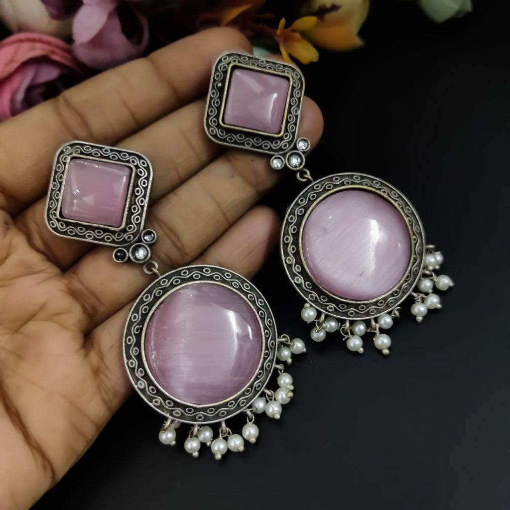 Premium Round Design Silver Look Like Replica Monalisa Stone Stud Earrings