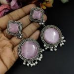 Premium Round Design Silver Look Like Replica Monalisa Stone Stud Earrings