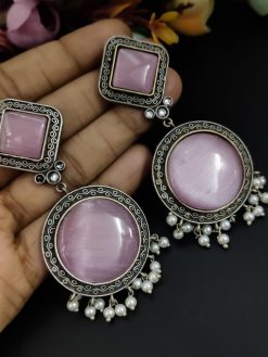 Premium Round Design Silver Look Like Replica Monalisa Stone Stud Earrings