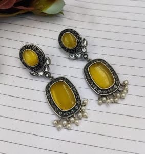 Antique Design Silver Look Like Replica - Best Monalisa Stone Stud Earrings - Color: "Yellow"