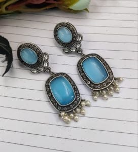 Antique Design Silver Look Like Replica - Best Monalisa Stone Stud Earrings - Color: "Aqua"
