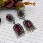 Antique Design Silver Look Like Replica - Best Monalisa Stone Stud Earrings - "Maroon"