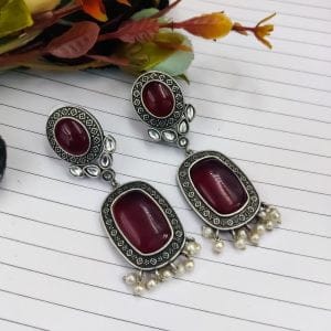 Antique Design Silver Look Like Replica - Best Monalisa Stone Stud Earrings - Color: "Maroon"