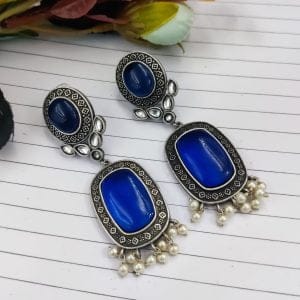 Antique Design Silver Look Like Replica - Best Monalisa Stone Stud Earrings - Color: "Blue"
