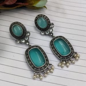 Antique Design Silver Look Like Replica - Best Monalisa Stone Stud Earrings - Color: "Mint"