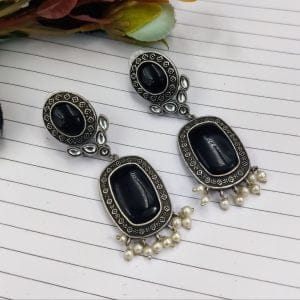 Antique Design Silver Look Like Replica - Best Monalisa Stone Stud Earrings - Color: "Black"