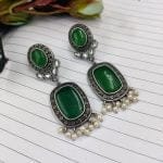 Antique Design Silver Look Like Replica - Best Monalisa Stone Stud Earrings - "Green"