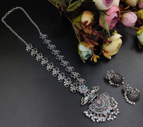 Silver Plated Oxidised Peacock Design Pendent with Matching Jhumka Earring - Image 9
