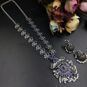 Silver Plated Oxidised Peacock Design Pendent with Matching Jhumka Earring - Color: "Blue"