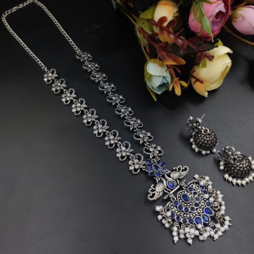 Silver Plated Oxidised Peacock Design Pendent with Matching Jhumka Earring - Image 10