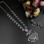 Bulk 104 Silver Plated Oxidised Peacock Design Pendent with Matching Jhumka Earring - "Baby Pink"