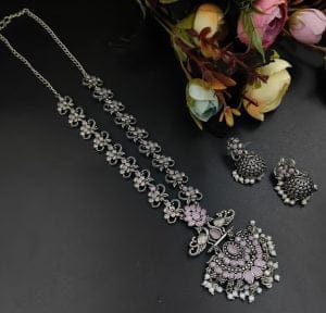 Silver Plated Oxidised Peacock Design Pendent with Matching Jhumka Earring - Color: "Baby Pink"