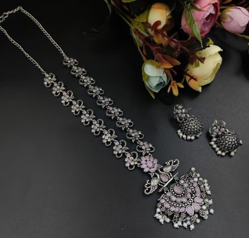 Silver Plated Oxidised Peacock Design Pendent with Matching Jhumka Earring - Image 8