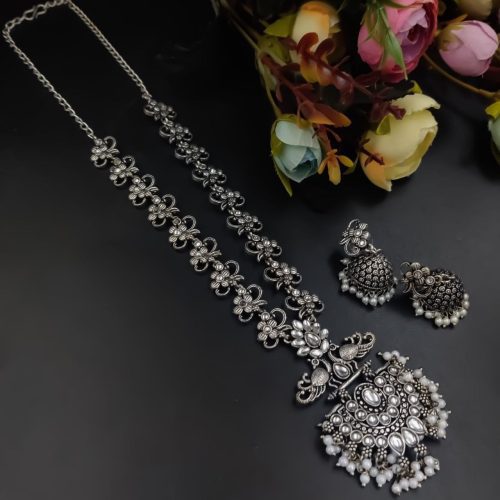 Silver Plated Oxidised Peacock Design Pendent with Matching Jhumka Earring - Image 4
