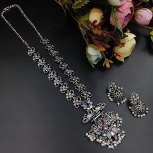 Silver Plated Oxidised Peacock Design Pendent with Matching Jhumka Earring - Color: "Multi"