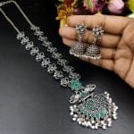 Silver Plated Oxidised Peacock Design Pendent with Matching Jhumka Earring