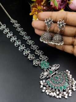 Silver Plated Oxidised Peacock Design Pendent with Matching Jhumka Earring