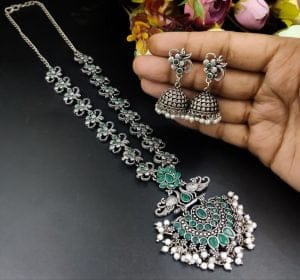 Silver Plated Oxidised Peacock Design Pendent with Matching Jhumka Earring - Color: "Green"