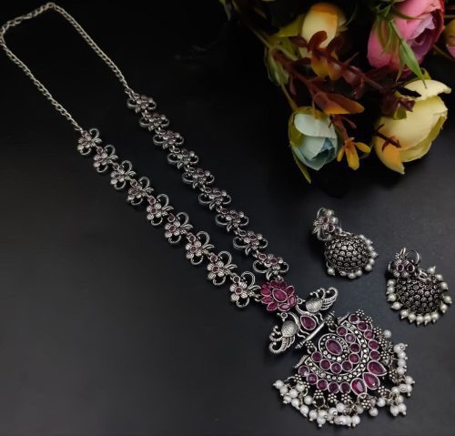 Silver Plated Oxidised Peacock Design Pendent with Matching Jhumka Earring - Image 2