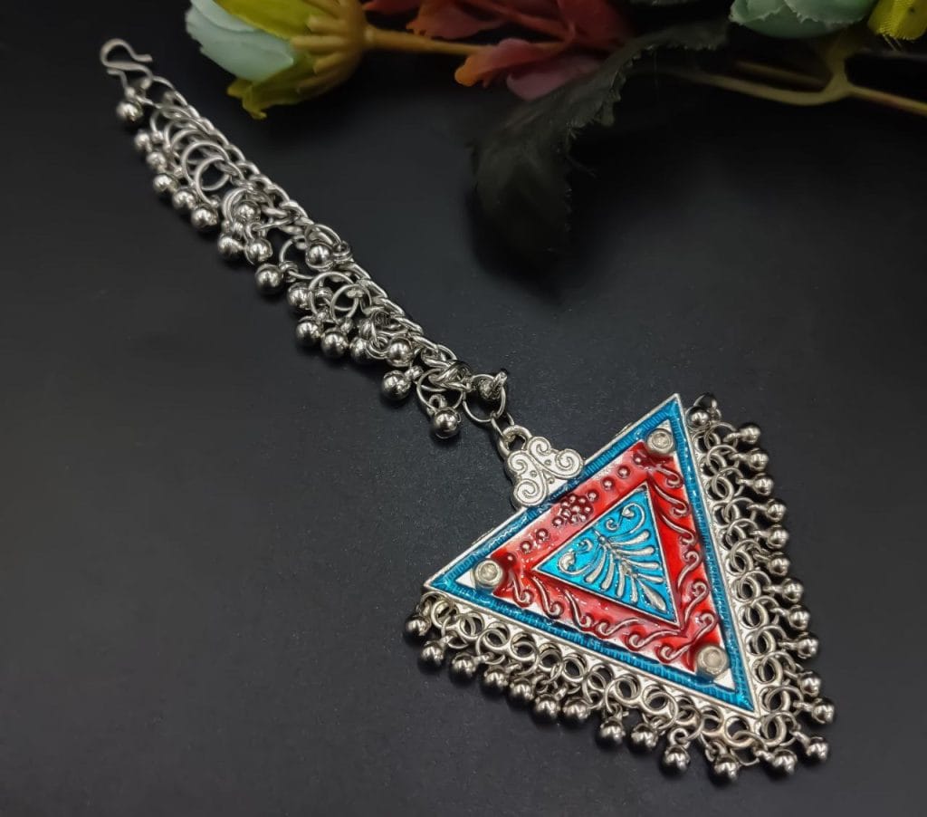Bulk 358 Designer Meenakari Silver Plated Oxidised Triangle Shape Maangtika - "Red-Blue"