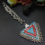 Designer Meenakari Silver Plated Oxidised Triangle Shape Maangtika - "Red-Blue"