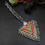 Designer Meenakari Silver Plated Oxidised Triangle Shape Maangtika - "Red-Green"
