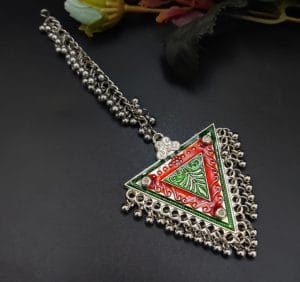 Designer Meenakari Silver Plated Oxidised Triangle Shape Maangtika - Color: "Red-Green"