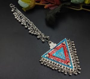 Designer Meenakari Silver Plated Oxidised Triangle Shape Maangtika - Color: "Red-Blue"
